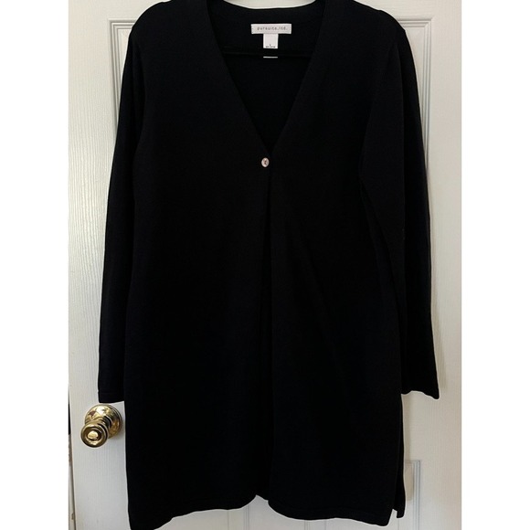 pursuits, ltd Sweaters - Long Black Cotton Cardigan Minimalist Capsule Wardrobe Open Front L